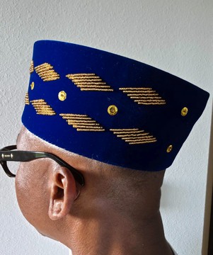 Royal Blue Velvet Kufi Cap with Gold Sequins – African Fila Hat, Ceremonial Wedding Cap