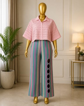 Women's Pink Aso Oke Eyelet Crop Shirt &amp; Multicolour Striped Wide Leg Pants Set