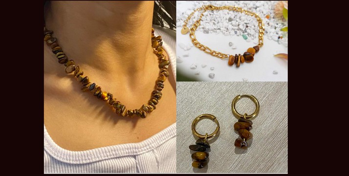 Parures œil de tigre 🤎: collier, bracelet et boucles d'oreilles/ pierre naturelle/ Madagascar