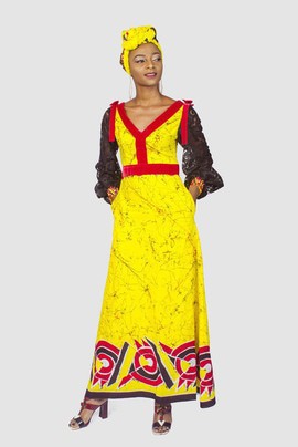 Ankara et maxi robe en dentelle mélangée avec des finitions en velours