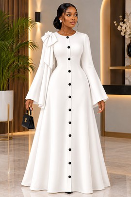 Women's White Button Front Maxi Dress with Bow Detail – Long Bell Sleeve A-Line Church Dress
