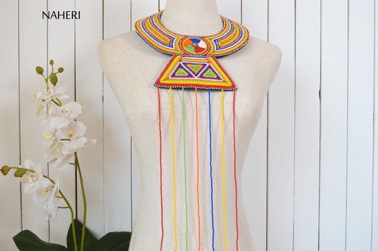 African beaded necklace tribal collar neck piece with long pendant
