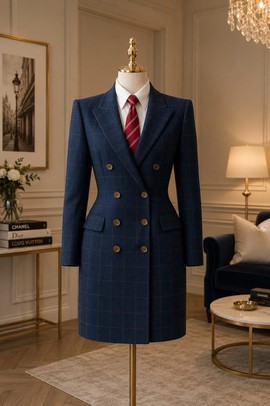 Robe-manteau croisée à carreaux fenêtre bleu marine pour femme