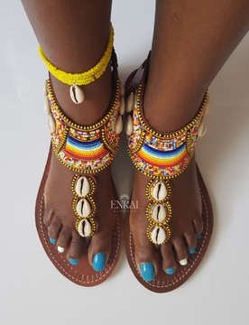 Cowrie shell maasai sandals – Leather beaded shoes