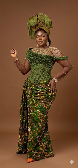Structured Green Lattice Corset Gown with Draped Ankara Skirt