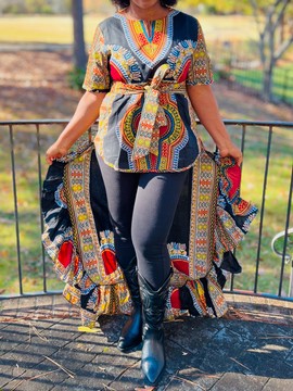 African Print Ankara Black Dashiki Belted High Low Ruffle Train Blouse