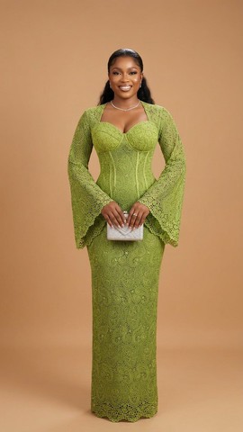 Robe corset en dentelle cordée Aso-ebi vert citron avec manches cloche