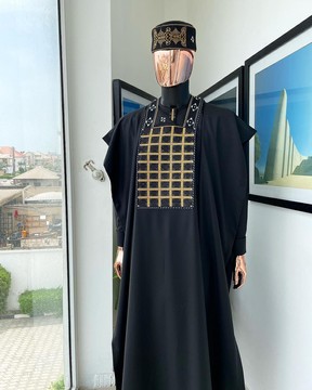 A charcoal black, starkled connected rectangle, with ss30 light topaz Swarovski crystal agbada