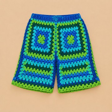 Men’s Crochet Granny Square Shorts-Handmade Knit Baggy Shorts with Elastic Waistband