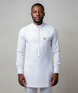 Custom Tailored White Tunic Set | Men's Band Collar Shirt &amp; Straight Trousers with Gold Piping