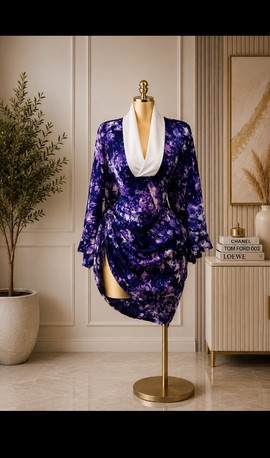 Women's Purple and White Watercolor Print Wrap Front Mini Dress with Batwing Sleeves