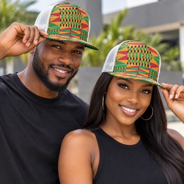 Kente Print Black Flat-Brim Mesh Face Cap | African Streetwear Accessory | Bynelo