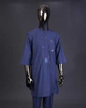 A navy blue, front flap with clear view Swarovski button, embroidery kaftan