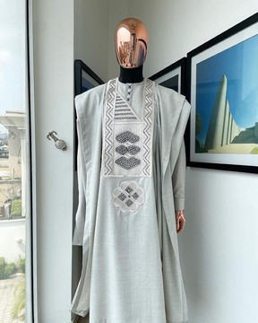 A Pearl ivory, Lego broken pearl embroidery design agbada, long sleeve buba &amp; sokoto.