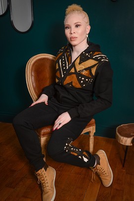 Black hooded vest in real Bogolan