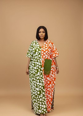 Long Two-Tone Hand-Dyed Adire Kaftan with Fringed Aso-Oke Pocket