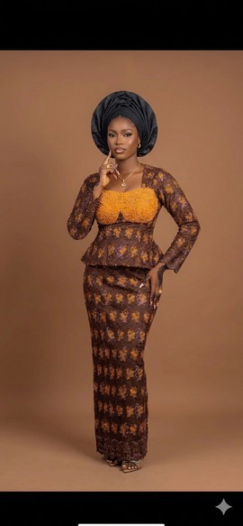 Elegant Brown and Gold Nigerian Aso Ebi Lace Skirt and Peplum Blouse En