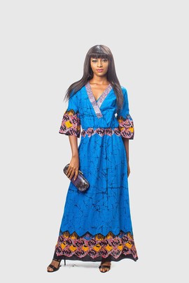 Beautiful Blue Batik Long Dress with Sequins on V-neckline