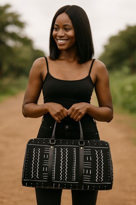 African Leather Bag for Travel Symbolic Black &amp; White Pattern