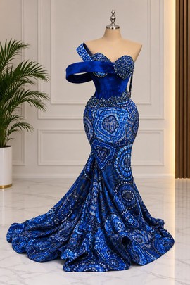 Robe de mariée sirène en Ankara bleu roi | Robe corset de mariée en Ankara
