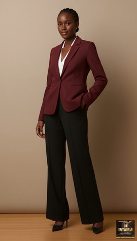 Wine suit and black trousers