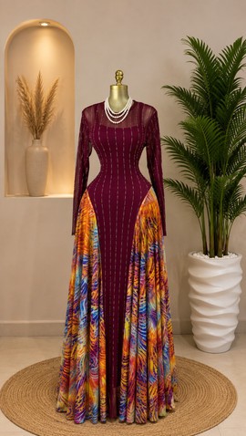 Women's Burgundy Beaded Mesh Gown with Multicolour Flame Print Godets