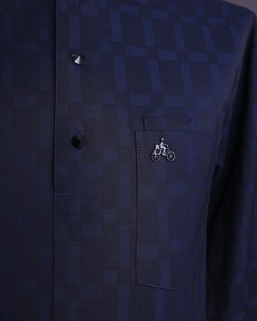 A midnight blue, broken rectangle, and square pattern, jorgecarli, front flap kaftan