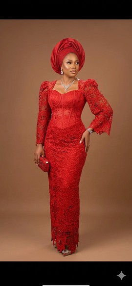Vibrant Red Corset-Style Lace Gown