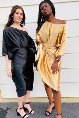 Ensemble robe portefeuille - jupe cache cœur en satin - noir - robe en satin