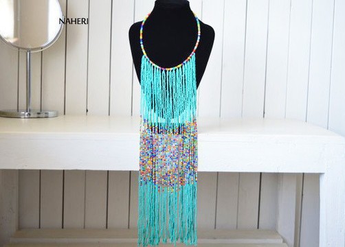 African beaded necklace | Turquoise fringe neck piece | Gift for her