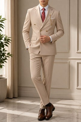 Men's Beige Double Breasted Suit – Slim Fit Formal Blazer with Trousers &amp; Gold Button Detail