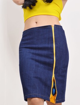 High-Waisted Denim Pencil Skirt with Exposed Yellow Zip &amp; Ankara Peek-a-Boo Underskirt