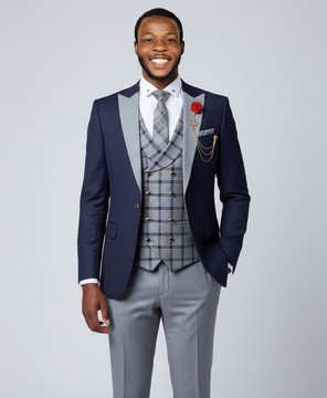 Luxury Navy Blue &amp; Gray Checkered 3-Piece Tuxedo Suit