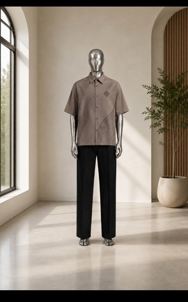 Men's Linen Taupe Wave-Embroidered Short Sleeve Shirt | Textured Casual Button-Up
