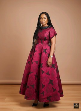 Burgundy Floral Brocade Ball Gown