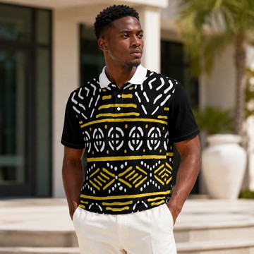 Colourful Bogolan Tribal Print Men's Heavyweight Polyester Polo Shirt | African Heritage Clothing