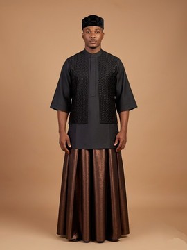 Luxurious Black and Metallic Bronze Men's Traditional Two-pieces Set