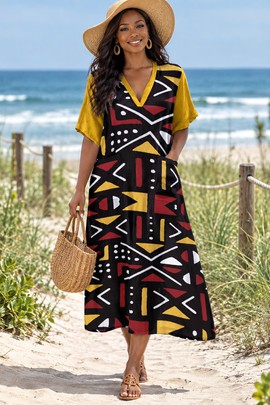 Robe midi ample à col V en bogolan tribal pour femme | Mode en bogolan | Bynelo