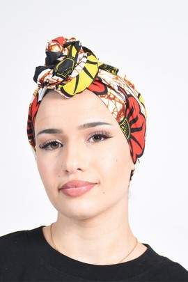 Turban Torsadé en Wax Fleurs de Mariage Rouge et Jaune et Doublure en Satin