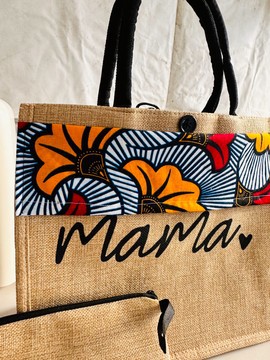 Mom gift - wax and jute bag with black Bogolan pouch