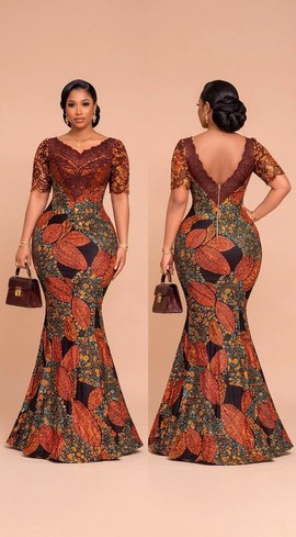 Élégante robe sirène en Ankara – Robe longue ajustée avec bustier en dentelle et dos échancré
