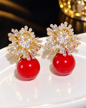 Red Crystal Drop Earrings, Gold Statement Earrings, Elegant Wedding Jewelry