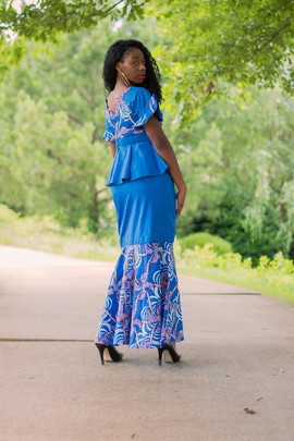 Two Piece Blue Multicolor Mixed Print Cotton Mermaid Skirt and Peplum Blouse