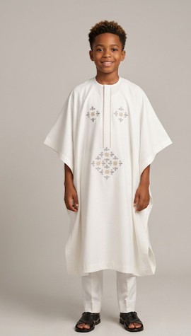 Boys' White Embroidered Kaftan Set – Traditional Agbada-Style Top &amp; Trouser Outfit