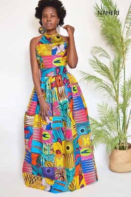 African print patchwork turtleneck maxi dress
