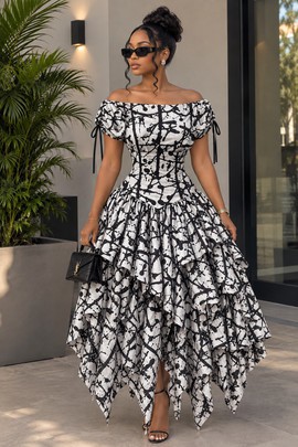 Women's Black &amp; White Ankara Print Off-Shoulder Handkerchief Hem Dress – Corset Waist Midi Dress