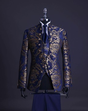 A reloaded “Monaco” gold and blue “Mandarin” jacquard floral single button front cut layered suit