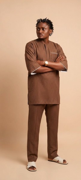 Ensemble pour homme de style kurta marron à fines rayures verticales