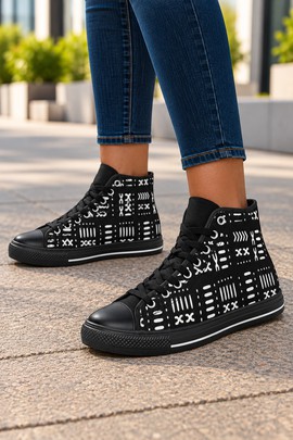 Black and White Mudcloth Scissors Print Women's Classic High Top Canvas Shoes | African Sneakers