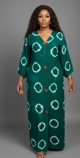 Robe chic à manches longues boutonnée à imprimé tie-dye vert